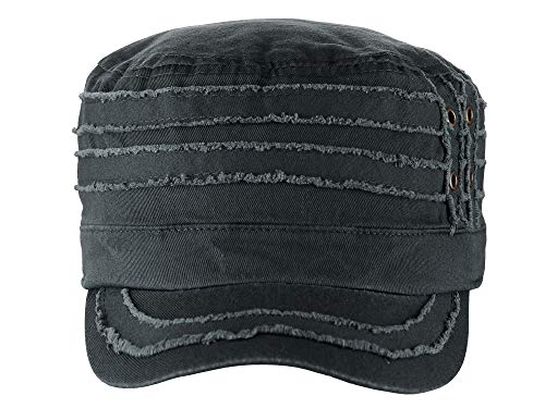 D&Y Unisex 100% Cotton Military Cadet Hat - Distressed Frayed Flat Top Cap - Adjustable Everyday Patrol Hat - color: Dark Gray