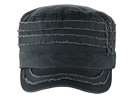 D&Y Unisex 100% Cotton Military Cadet Hat - Distressed Frayed Flat Top Cap - Adjustable Everyday Patrol Hat - color: Dark Gray
