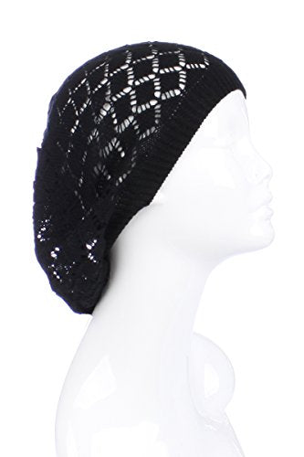 an Womens Lightweight Cut Out Knit Beanie Beret Cap Crochet Hat - Many Styles - color: Black Diamond