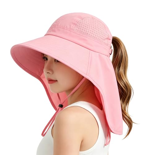 Ponytail Hole Kids Sun Hat with Neck Flap UV Protection Wide Brim Safari Hat for Boys Girls Breathable Mesh 6-12T - color: Pink