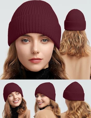 vidsel 50% Wool Thick Beanie Hat Men Women, Seamless Cuffed Winter Knit Cap - color: 1pcs Burgundy