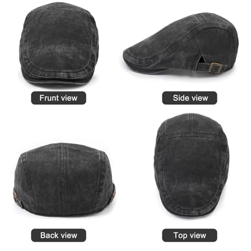 Initlove Mens Newsboy Cap Washed Beret Ivy Hat Flat Hats for Cabbie Driving - color: Black