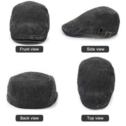 Initlove Mens Newsboy Cap Washed Beret Ivy Hat Flat Hats for Cabbie Driving - color: Black