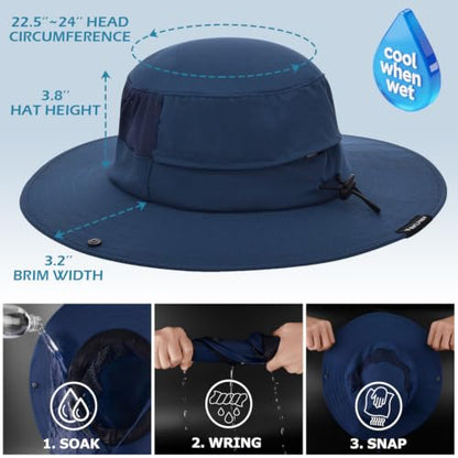 Cooling Sun Bucket Hat, UPF 50+ Wide Brim Boonie Hat with Ponytail Hole - color: 01 Navy Blue