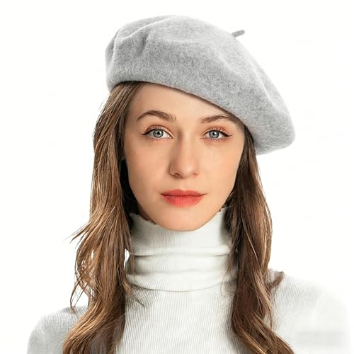 ZLYC Wool French Beret Hat Solid Color Classic Artist Cap for Women - color: Heather Grey