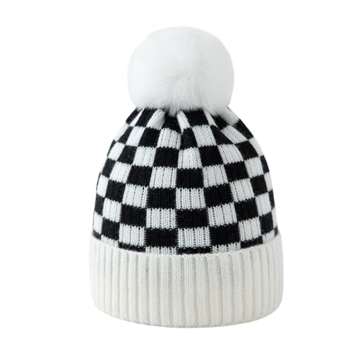 Unisex Classic Checkered Beanie Cuffed Winter Warm Knitted Plaid Hat with Pompom - color: White Black