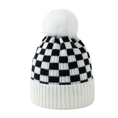 Unisex Classic Checkered Beanie Cuffed Winter Warm Knitted Plaid Hat with Pompom - color: White Black