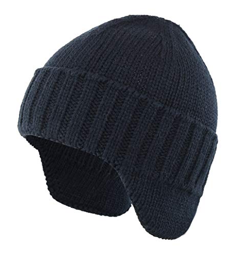 Home Prefer Mens Winter Hat Knit Earflap Hat Stocking Caps with Ears Beanie Hat - color: Navy Blue