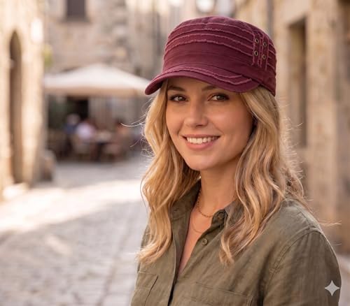 D&Y Unisex 100% Cotton Military Cadet Hat - Distressed Frayed Flat Top Cap - Adjustable Everyday Patrol Hat - color: Burgundy