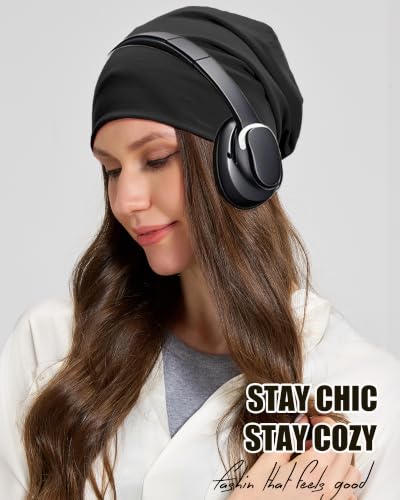 100% T-Shirt Cotton Slouchy Beanie Women Men,Lightweight Chemo Hat - color: Black(2-layer)