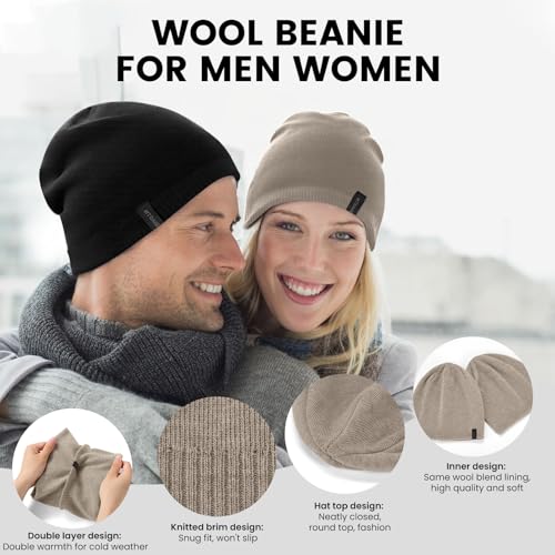 Wool Blend Ribbed Knit Beanie for Men Women, Double Layer Warm Winter Hat Beanies Skull Cap - color: Light Brown