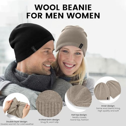Wool Blend Ribbed Knit Beanie for Men Women, Double Layer Warm Winter Hat Beanies Skull Cap - color: Light Brown