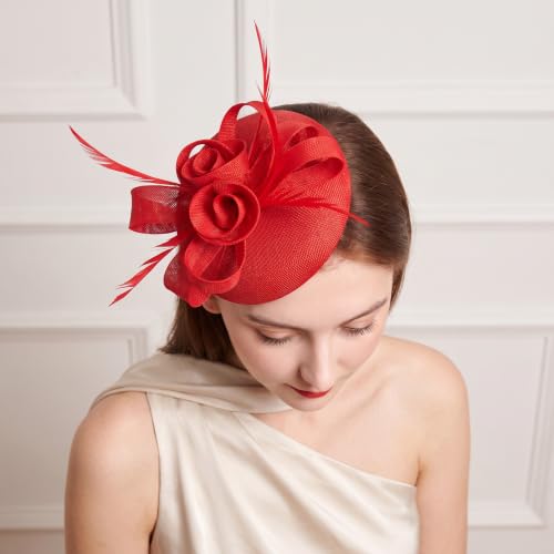 Flower Fascinator Hat Headband Clip for Women Tea Party - color: Red-02