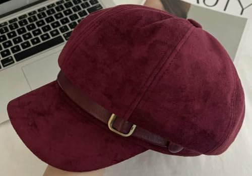 Vintage Newsboy Hats Winter Suede Caps Women's Octagonal Hat Fashion Gatsby Cabbie Baker Visor Beret Hat - color: Winered
