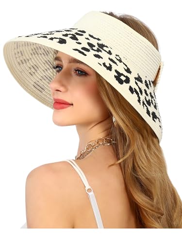 sy soul young Women's Straw Hat with Ponytail Hole Wide Brim Visor Sunhat - color: White With Leopard 2
