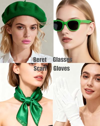 French Beret Hat Set,4 Pcs Solid Wool Beanie Hat with Chiffon Scarf Gloves Retro Sunglasses for Fancy Dress Costume - color: Saint Patrick's Theme