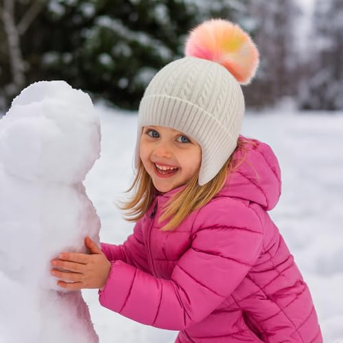 Toddler Earflap Beanie Hat with Rainbow Pom for Little Girls Knitted Beanies Kids Winter Skiing Caps Age 3-8 - color: Beige
