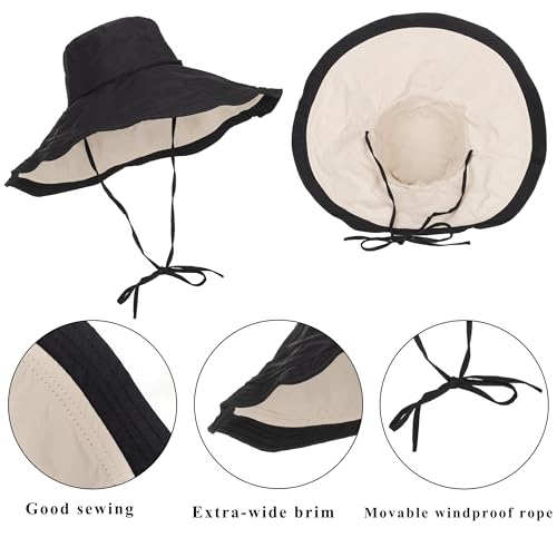 Women's Large Brim Reversible Sun Hats Packable Foldable UV Protection Bucket Hat Metal Wired Edge