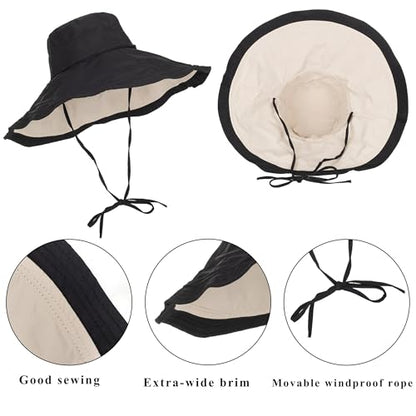 Women's Large Brim Reversible Sun Hats Packable Foldable UV Protection Bucket Hat Metal Wired Edge