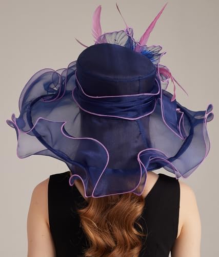 Women Derby Church Hat Organza Flower Wedding Tea Party Fascinator Wide Brim Sun Hat - color: 16-navy Blue