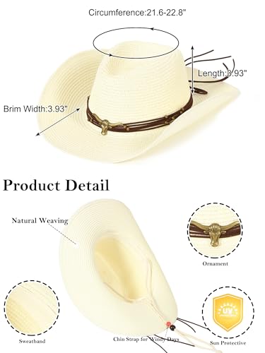 Straw Cowboy Sun Hat Western Cowgirl Women Men with Windproof Chin Strap - color: 크리미 화이트.