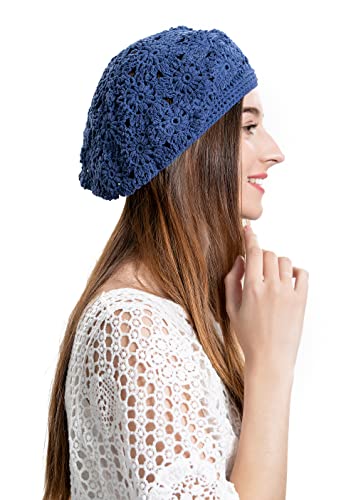 ZLYC Women Cotton Slouchy Crochet Beret Handmade Cutout Floral Beanie Hat - color: Plain Navy