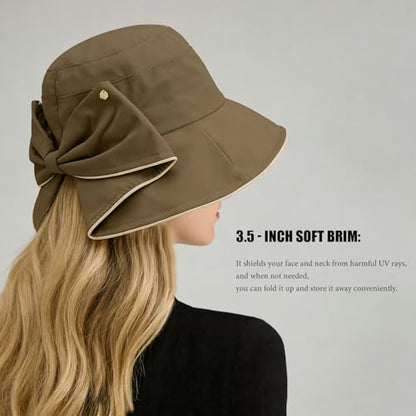 Women's Foldable Wide Brim Bowknot Bucket Hat Sun Protective - color: Brown
