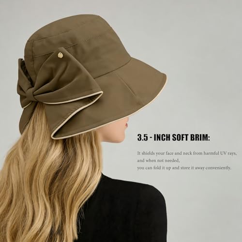 Women's Foldable Wide Brim Bowknot Bucket Hat Sun Protective - color: Brown