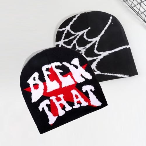 Y2K Beanie for Men Women Cross Graphic Knitted Hat, Slouchy Winter Warm Cap, Grunge Goth Cyber Aesthetics, Black - color: Black-red-white2