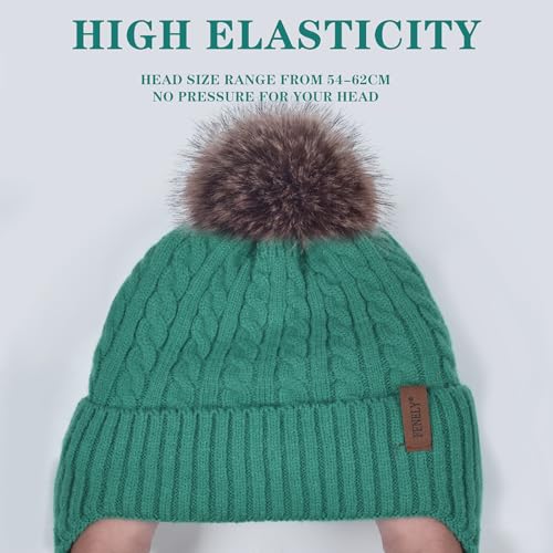 FENELY Women's Knitted Warm Beanie Winter Hat, Warm Chunky Snow Hat with Pompom - color: Green