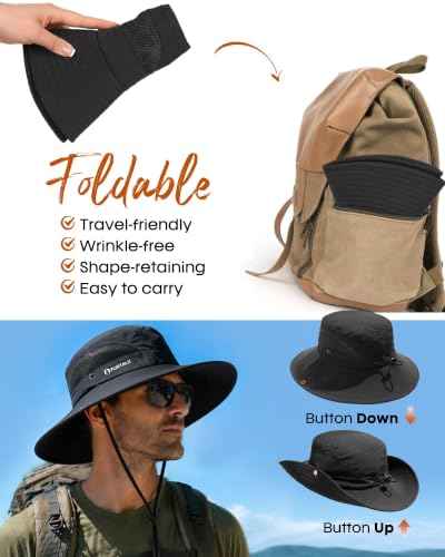 FURTALK Mens Bucket Sun Hat UPF Protection Wide Brim Breathable Fishing Hat - color: Black
