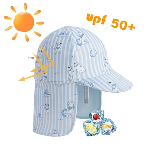 Kids Legionnaires Hat, UPF 50+ Sun Protection Swim Cap Flap Hat for Kids, Quick Drying Sun Hat for Beach Seaside - color: Blue&white Dog, size: 2-4T