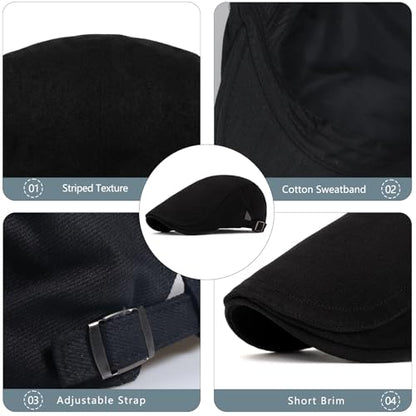 meioro Men's Cotton Newsboy Hat Striped Texture Adjustable Flat Cap - color: Black