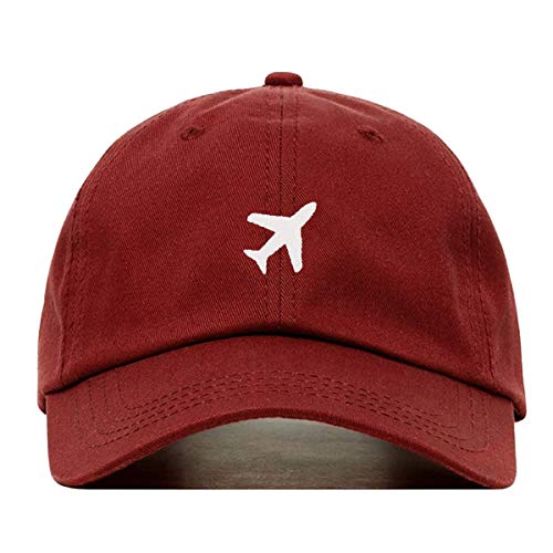 Airplane Baseball Hat, Embroidered Dad Cap, Unstructured Soft Cotton, Adjustable Strap Back (Multiple Colors) - color: Burgundy