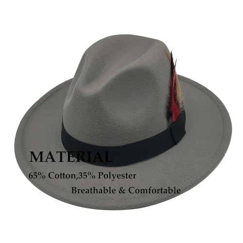 Mens Fedora Hats Classic Wide Brim Fedora Hat for Women Men Dress Hats Panama Hat with Band - color: Light Grey