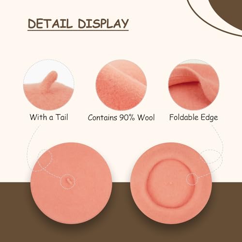 Gllutt Women Wool Beret Hat French Style Solid Color - color: Salmon Pink