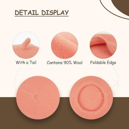 Gllutt Women Wool Beret Hat French Style Solid Color - color: Salmon Pink