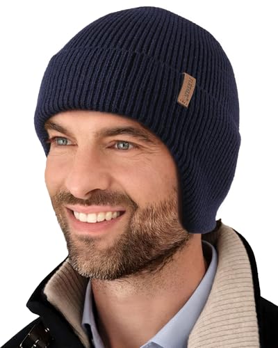 FURTALK Mens Winter Fleece Lined Beanie with Earflaps - color: Navy