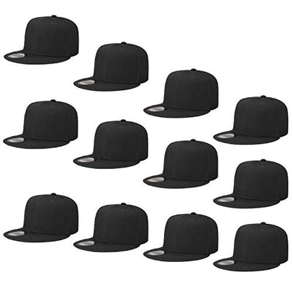 Falari Wholesale 12 Pack Snapback Hat Cap Hip Hop Style Flat Bill Blank Solid Color Adjustable Size - color: 12-pack Black
