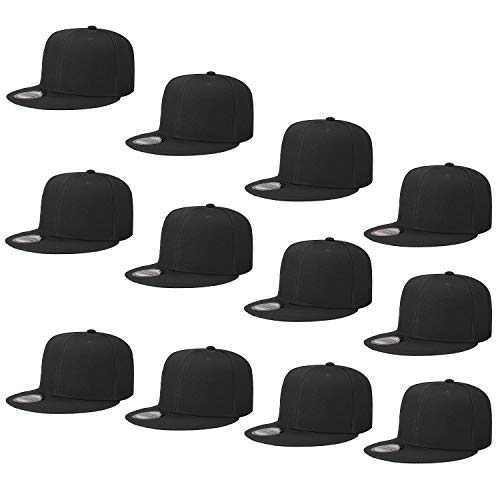 Falari Wholesale 12 Pack Snapback Hat Cap Hip Hop Style Flat Bill Blank Solid Color Adjustable Size - color: 12-pack Black