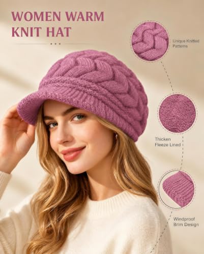 YSense 2 Pack Womens Winter Hats Warm Knit Beanie with Visor - color: Grape Black
