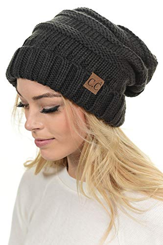 C.C Hat-100 Oversized Baggy Slouch Thick Warm Cap Hat Skully Cable Knit Beanie - color: Dark Melange