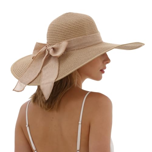 Oweisong Sun Beach Hats for Women Trendy Summer Vacation Straw Hat Boho Bow Wide Brim Packable Hat - color: Khaki