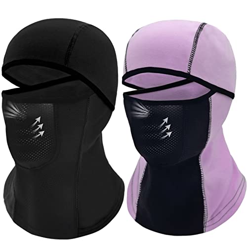 Breathable Kids Balaclava Ski Mask (2 Pack), Fleece Winter Face Mask for Cold Weather Boys Girls - Children Windproof Hat - color: Black + Purple