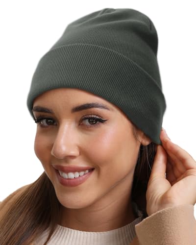 vidsel 100% Cotton Beanie Hat-Unisex Winter Knit Cuffed Beanies Skull Cap - color: 1-grayish Green