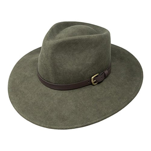 B&S Premium Lewis - Wide Brim Fedora Hat - 100% Wool Felt - Water Resistant - Leather Band - color: Olive Green, size: 7 1/4-7 3/8