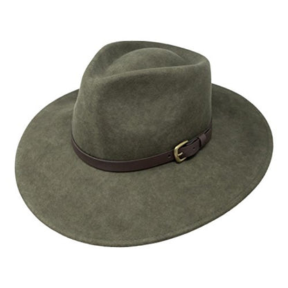 B&S Premium Lewis - Wide Brim Fedora Hat - 100% Wool Felt - Water Resistant - Leather Band - color: Olive Green, size: 7 1/4-7 3/8