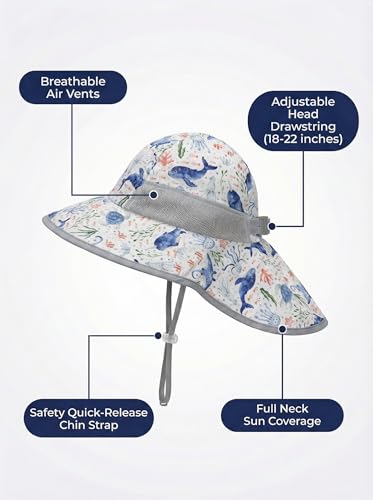 icolor Kids Sun Hat UPF50+ Sun Protection Bucket Hat Toddler Summer Beach Play Hats with Neck Flap for Girl Boy Ages 3~10 - color: Deep Sea Creature
