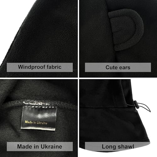 Fleece Balaclava Over Helmet - Warm Helmet Ninja Hood - Snowboard Hooded Hat Neck Gaiter Ski Mask - color: Black-earsup, size: One Size
