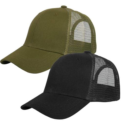 Falari Trucker Hat Baseball Cap Structured Plain Design 6 Panel, Adjustable Size - color: 2pk Black & Army Green